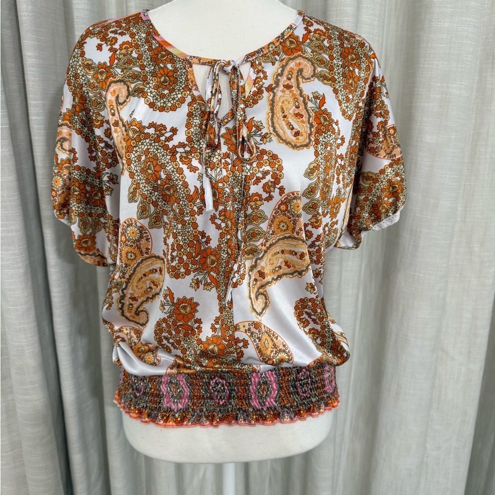 grass collection Rust & Cream Paisley Tie-Front Blouse